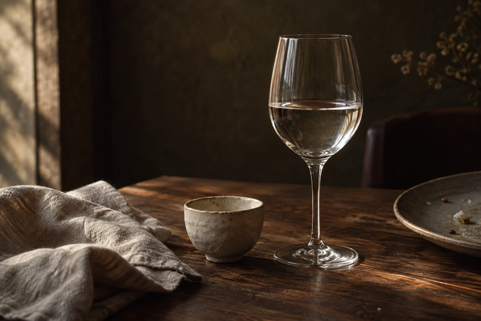 日本酒のグラスと陶器の酒器（生成したイメージ画像）